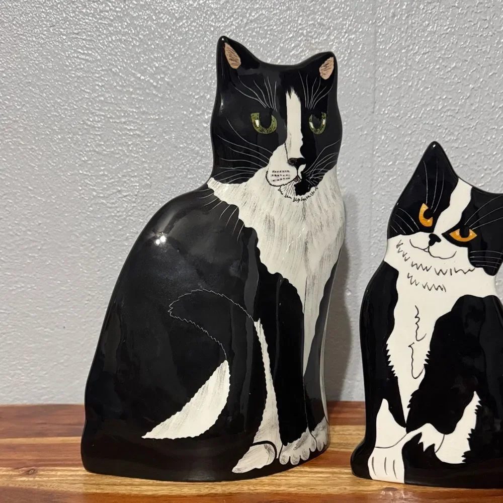 Ceramic Black White Tuxedo Cat Flower Vase by Cats By Nina Lyman Artist Decor